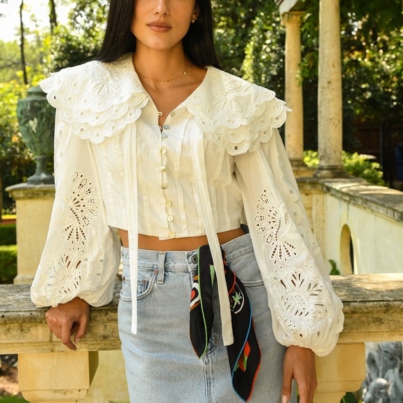 FARM Rio Tops - FARM RIO WOMEN'S RICHELIEU BIG COLLAR Eyelet BLOUSE Off White Sz S